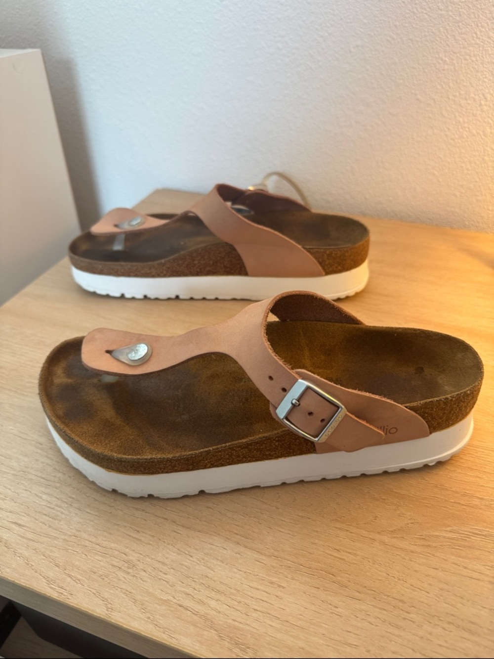 Birkenstock Soft Pink Gizeh Platform Sandal with Silver Buckle